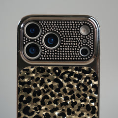 iPhone 17 Series Luxury Leopard Crystal Case with Rhinestone Camera Frame & Glossy Finish