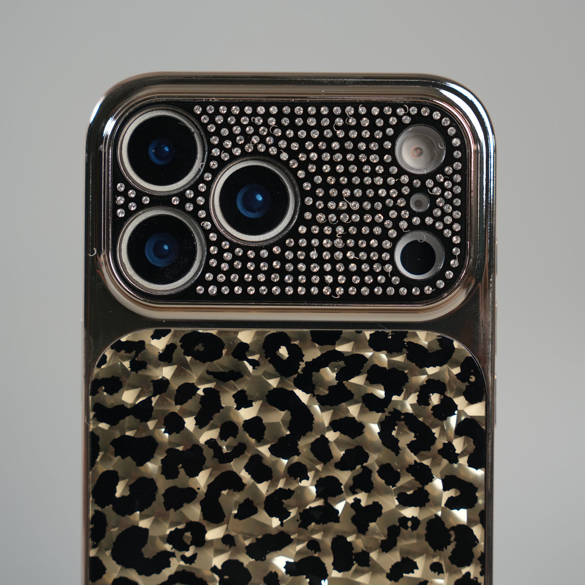 iPhone 17 Series Luxury Leopard Crystal Case with Rhinestone Camera Frame & Glossy Finish