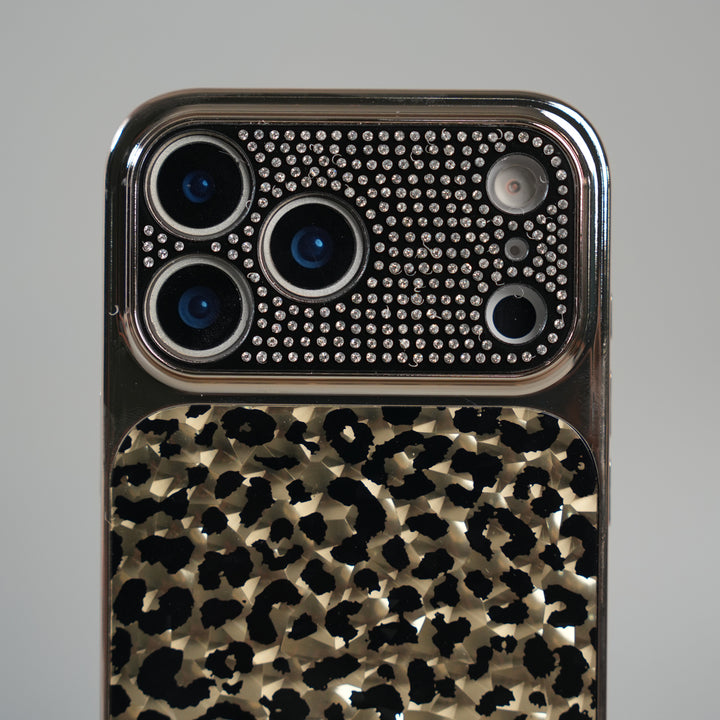 iPhone 17 Series Luxury Leopard Crystal Case with Rhinestone Camera Frame & Glossy Finish
