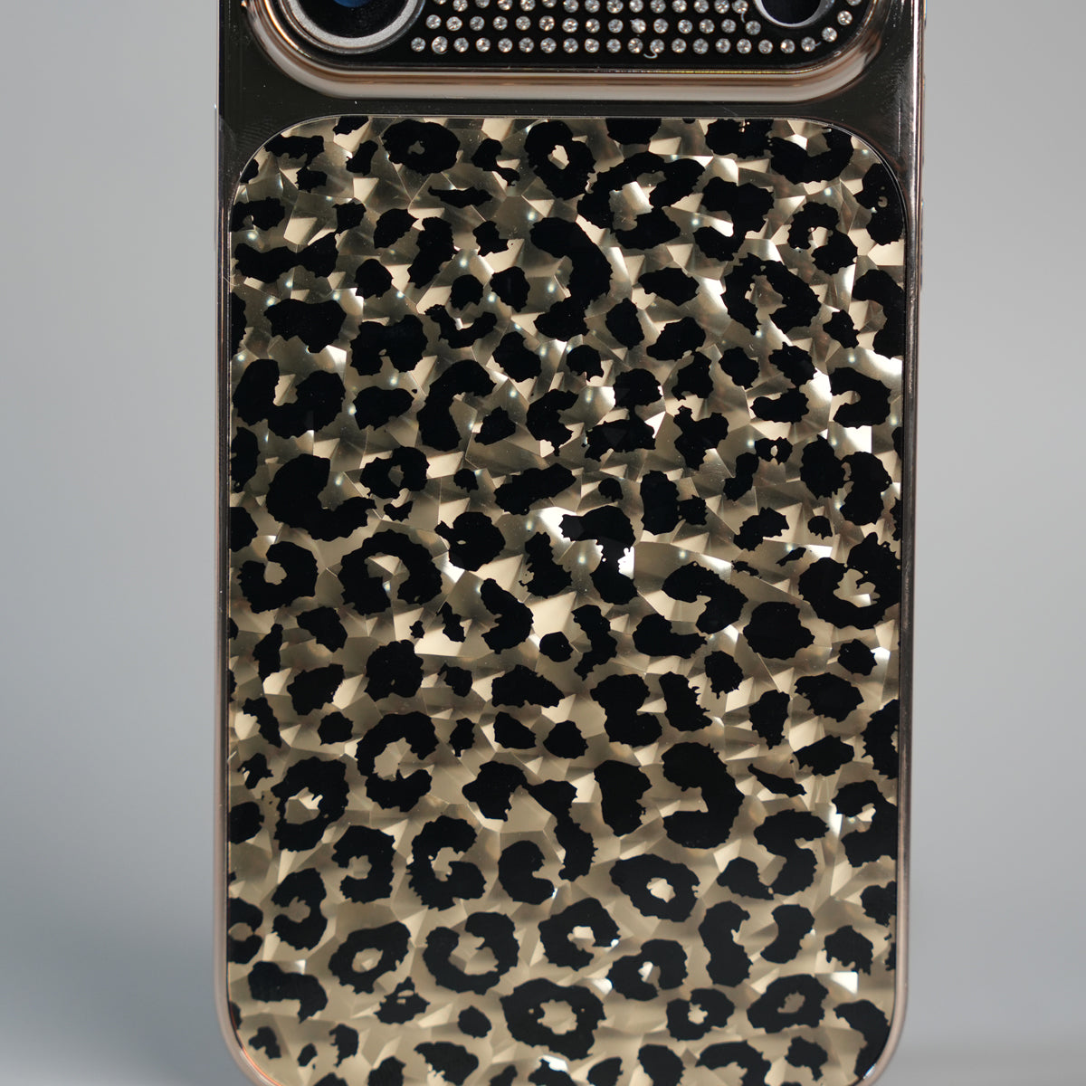 iPhone 17 Series Luxury Leopard Crystal Case with Rhinestone Camera Frame & Glossy Finish