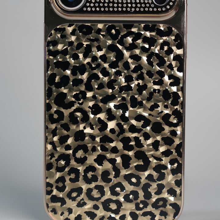 iPhone 17 Series Luxury Leopard Crystal Case with Rhinestone Camera Frame & Glossy Finish