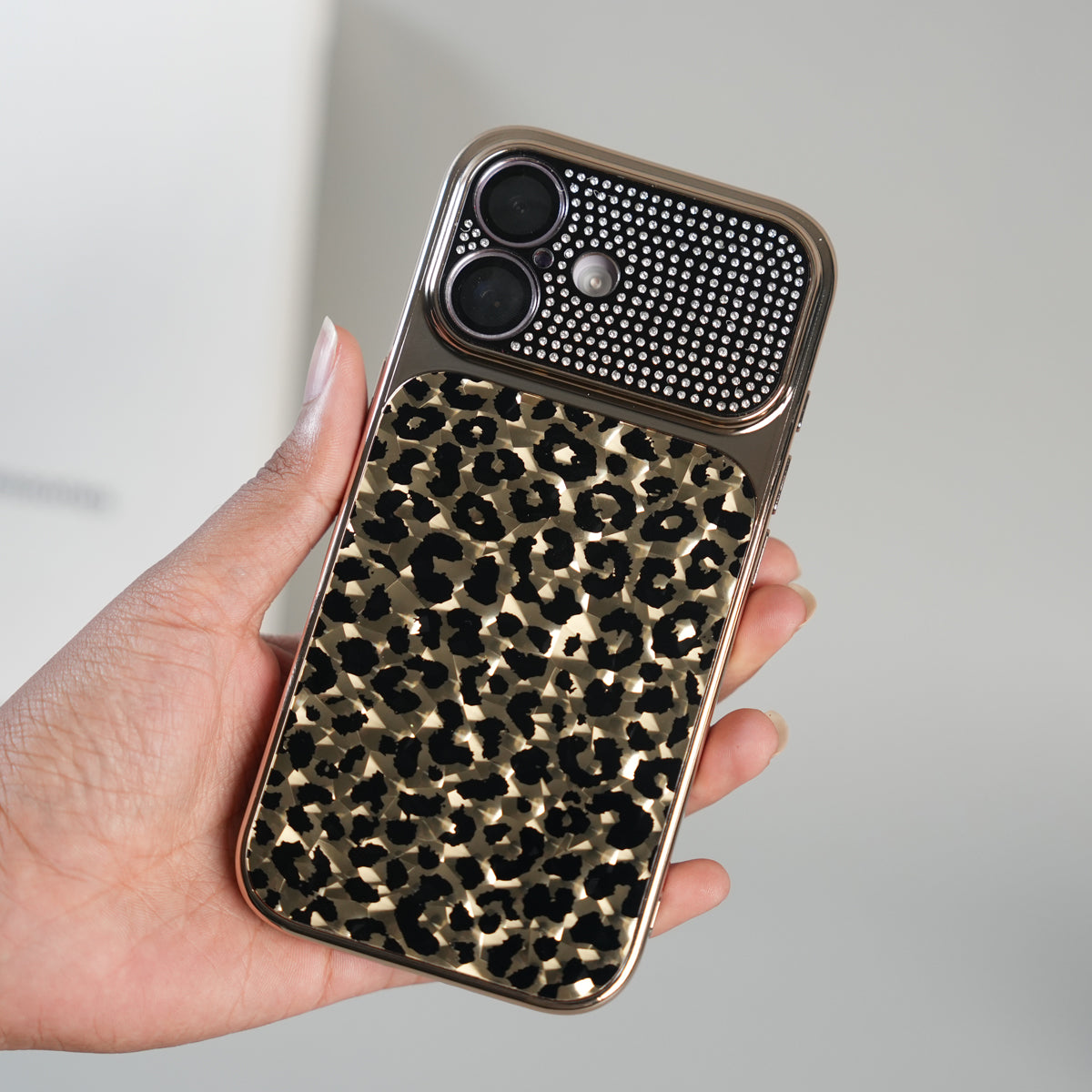 iPhone 17 Series Luxury Leopard Crystal Case with Rhinestone Camera Frame & Glossy Finish