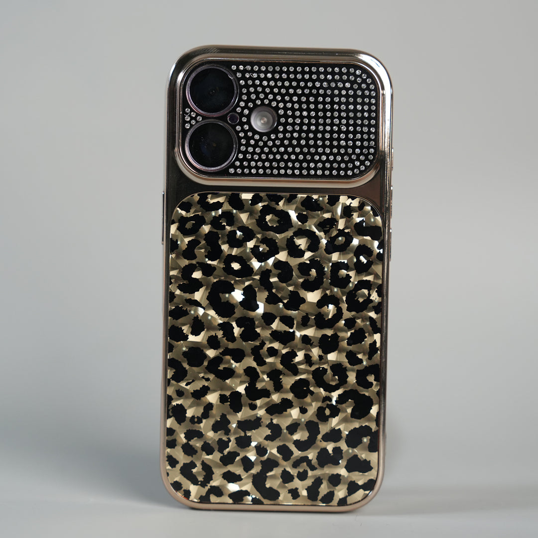 iPhone 17 Series Luxury Leopard Crystal Case with Rhinestone Camera Frame & Glossy Finish