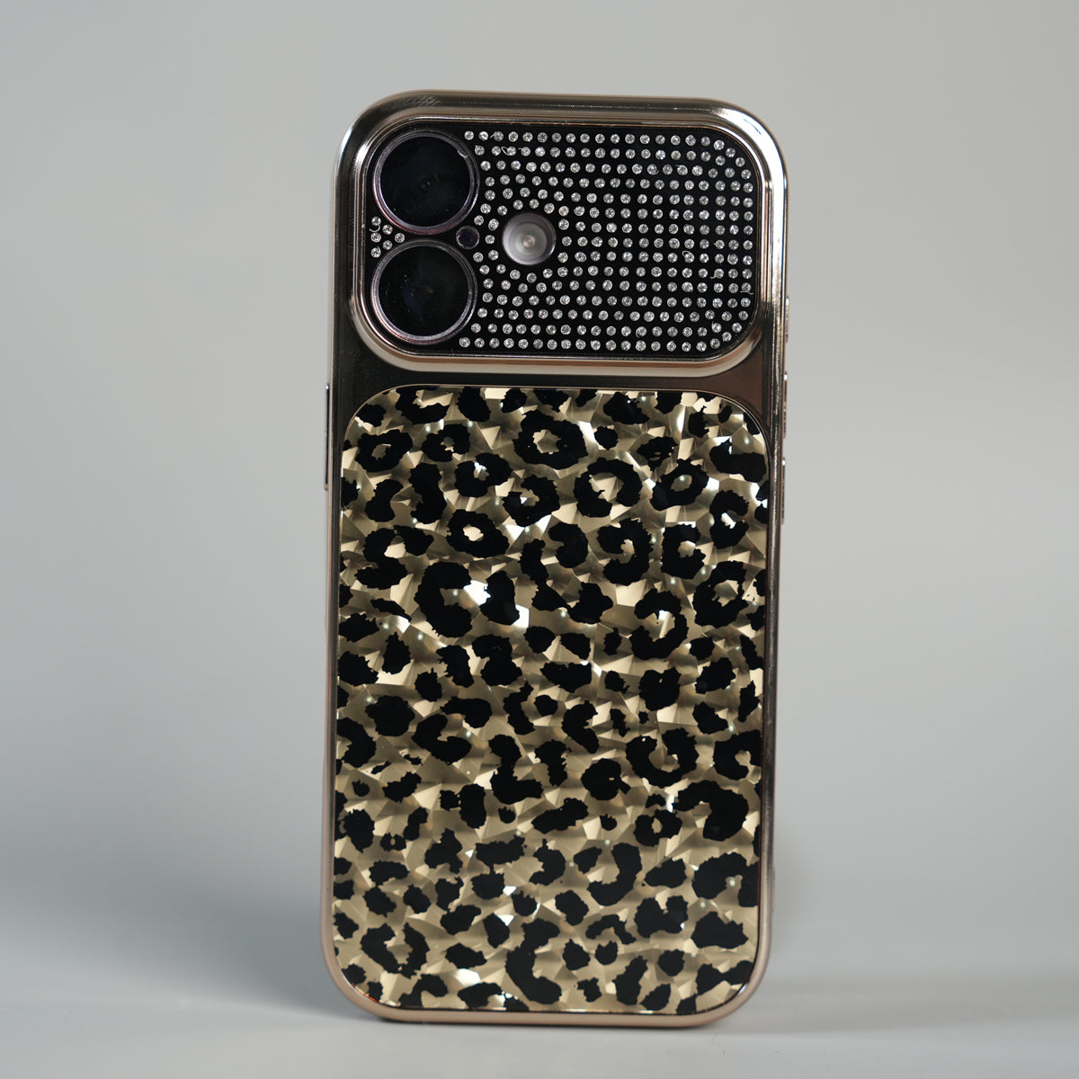 iPhone 17 Series Luxury Leopard Crystal Case with Rhinestone Camera Frame & Glossy Finish