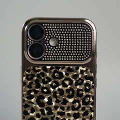 iPhone 17 Series Luxury Leopard Crystal Case with Rhinestone Camera Frame & Glossy Finish