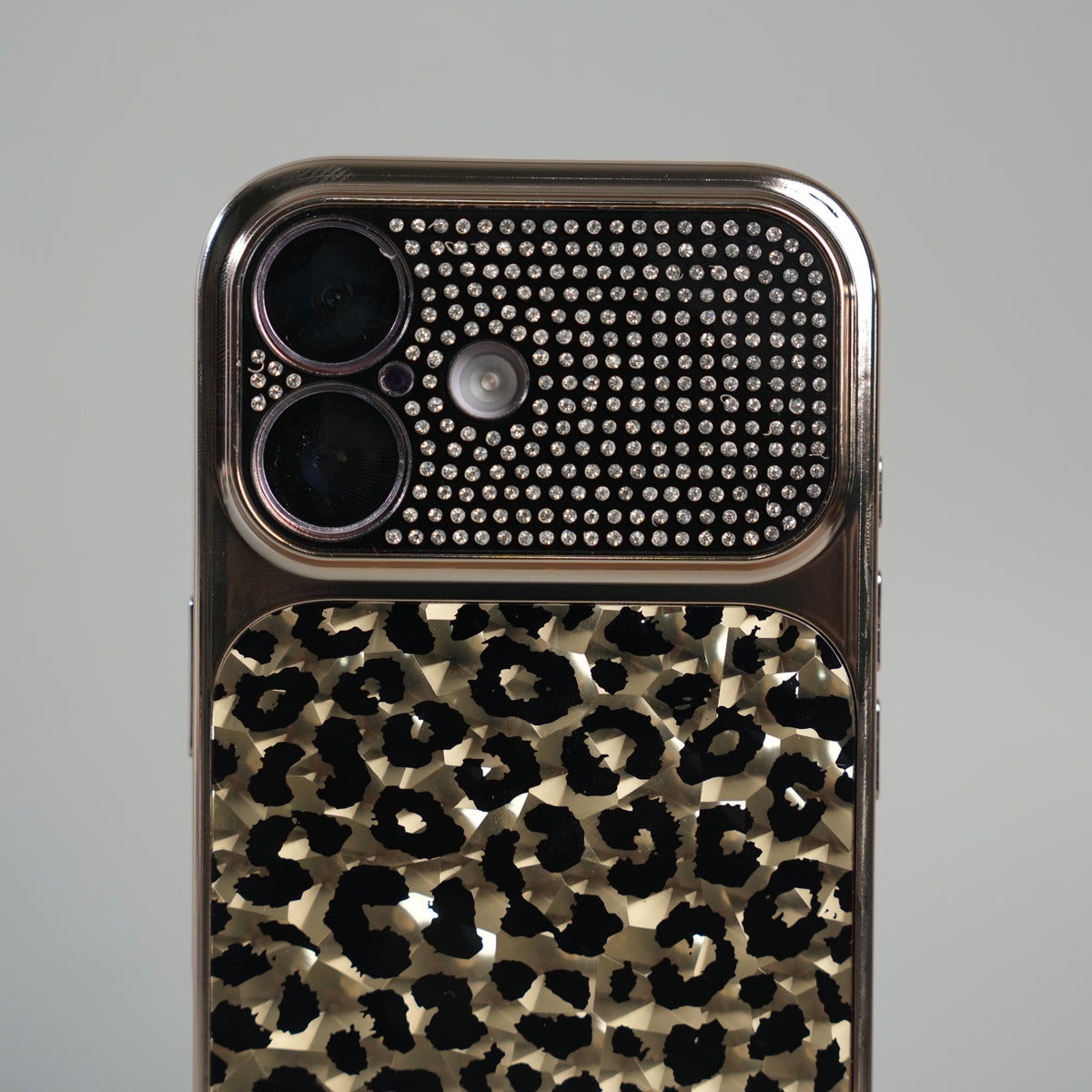 iPhone 17 Series Luxury Leopard Crystal Case with Rhinestone Camera Frame & Glossy Finish