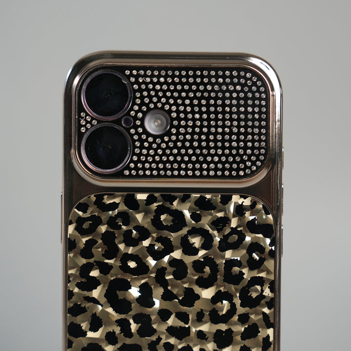 iPhone 17 Series Luxury Leopard Crystal Case with Rhinestone Camera Frame & Glossy Finish