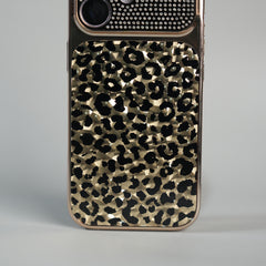 iPhone 17 Series Luxury Leopard Crystal Case with Rhinestone Camera Frame & Glossy Finish