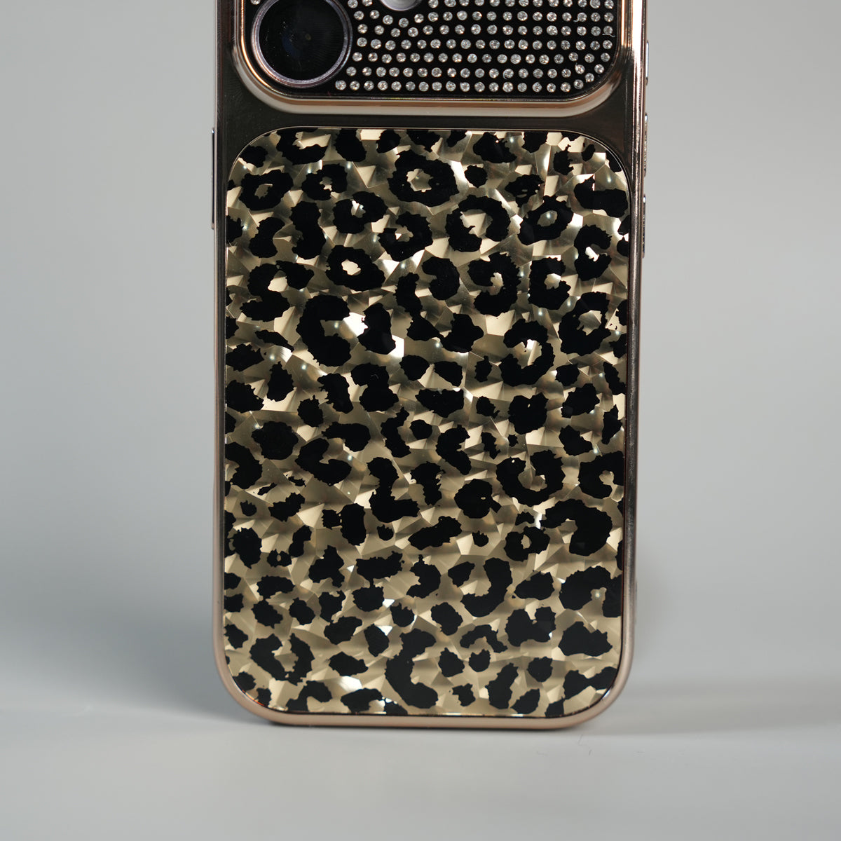 iPhone 17 Series Luxury Leopard Crystal Case with Rhinestone Camera Frame & Glossy Finish