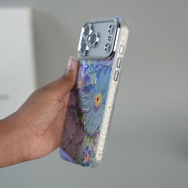iPhone 17 Series Luxury 3D Oil Painting Floral Design Glitter Lens Protection Stand Cover