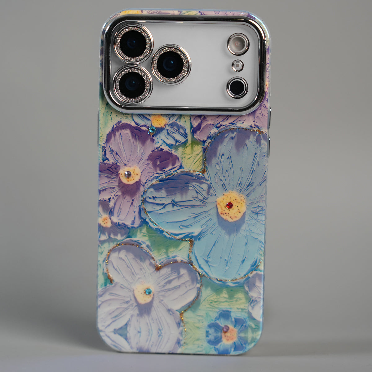 iPhone 17 Series Luxury 3D Oil Painting Floral Design Glitter Lens Protection Stand Cover