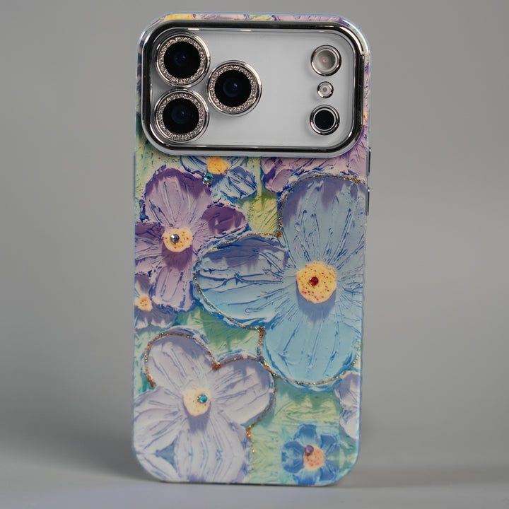 iPhone 17 Series Luxury 3D Oil Painting Floral Design Glitter Lens Protection Stand Cover