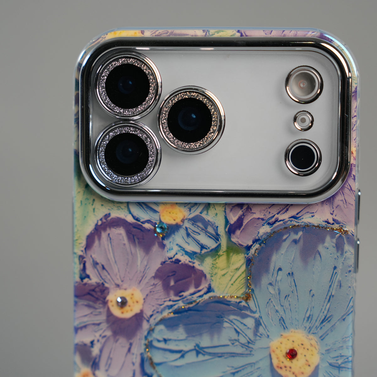 iPhone 17 Series Luxury 3D Oil Painting Floral Design Glitter Lens Protection Stand Cover