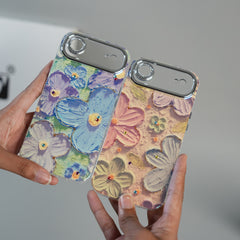 iPhone 17 Air Luxury 3D Oil Painting Floral Design Glitter Lens Protection Stand Cover