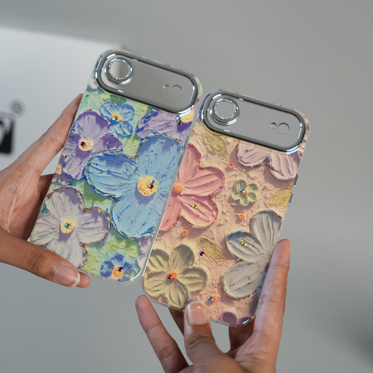 iPhone 17 Air Luxury 3D Oil Painting Floral Design Glitter Lens Protection Stand Cover