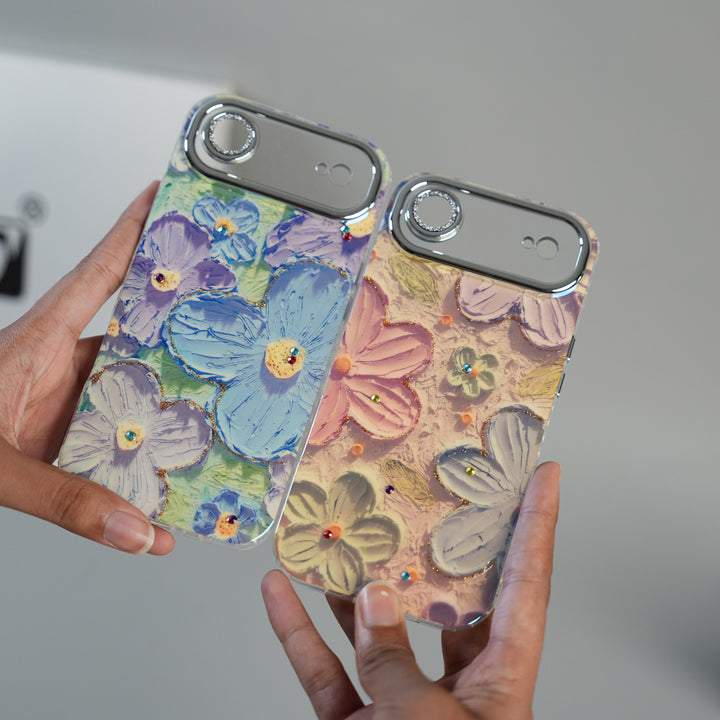 iPhone 17 Air Luxury 3D Oil Painting Floral Design Glitter Lens Protection Stand Cover