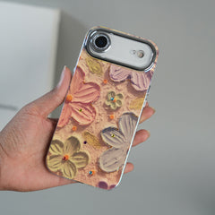 iPhone 17 Air Luxury 3D Oil Painting Floral Design Glitter Lens Protection Stand Cover