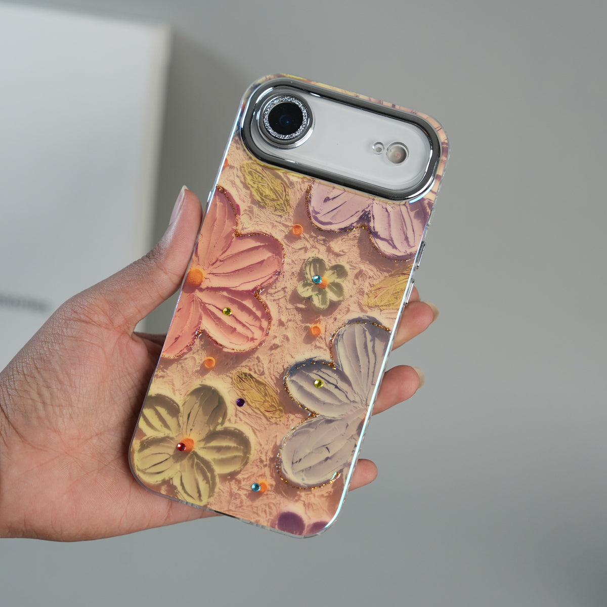 iPhone 17 Air Luxury 3D Oil Painting Floral Design Glitter Lens Protection Stand Cover