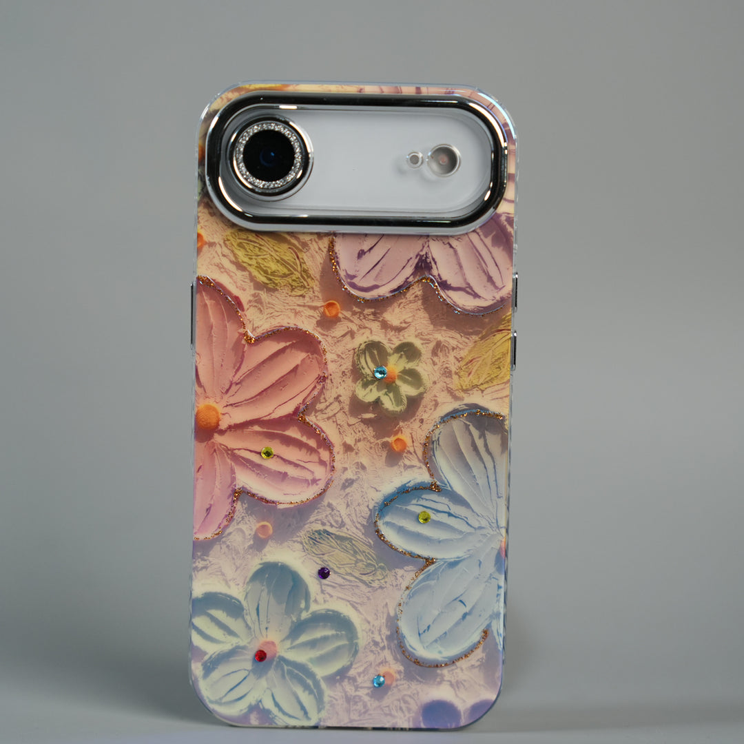 iPhone 17 Air Luxury 3D Oil Painting Floral Design Glitter Lens Protection Stand Cover