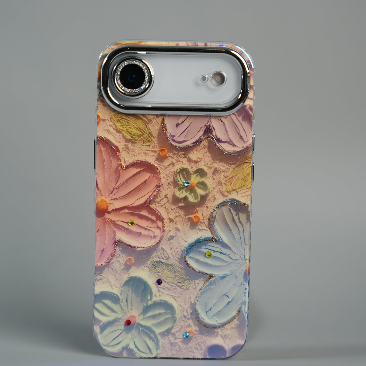 iPhone 17 Air Luxury 3D Oil Painting Floral Design Glitter Lens Protection Stand Cover