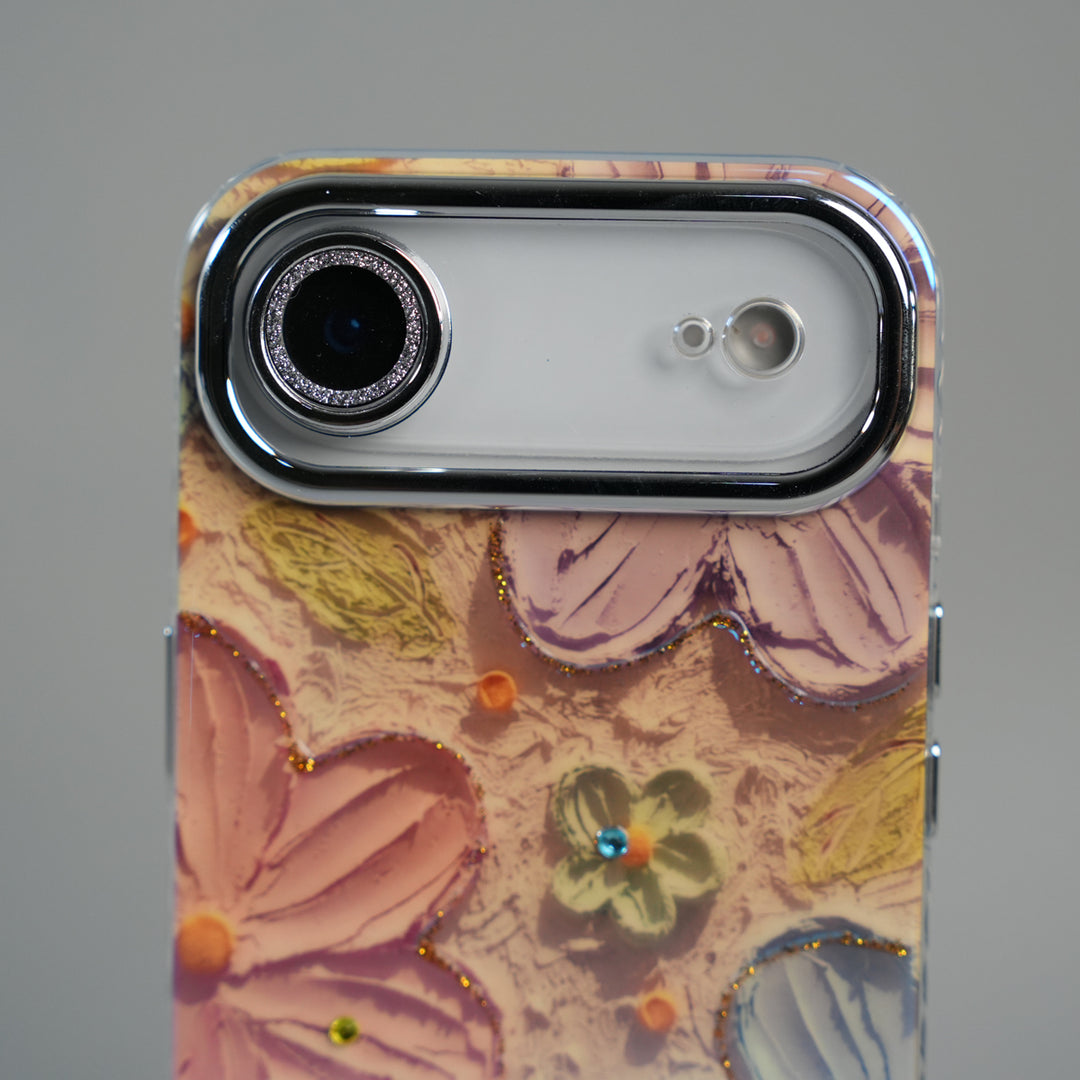 iPhone 17 Air Luxury 3D Oil Painting Floral Design Glitter Lens Protection Stand Cover