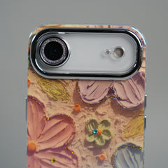 iPhone 17 Air Luxury 3D Oil Painting Floral Design Glitter Lens Protection Stand Cover