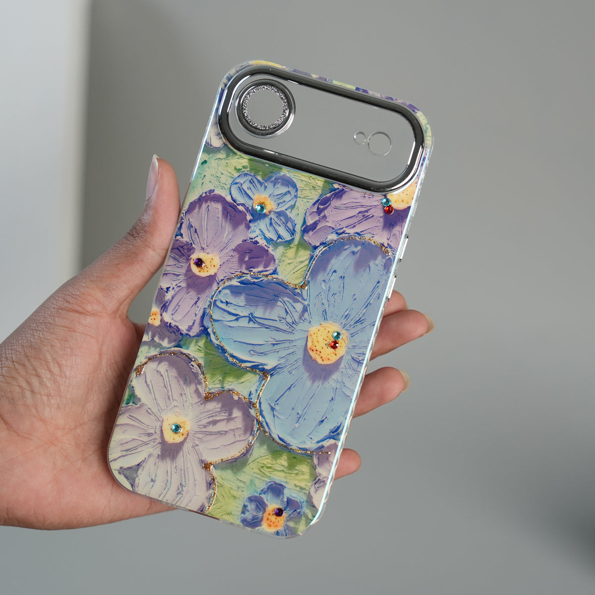 iPhone 17 Air Luxury 3D Oil Painting Floral Design Glitter Lens Protection Stand Cover