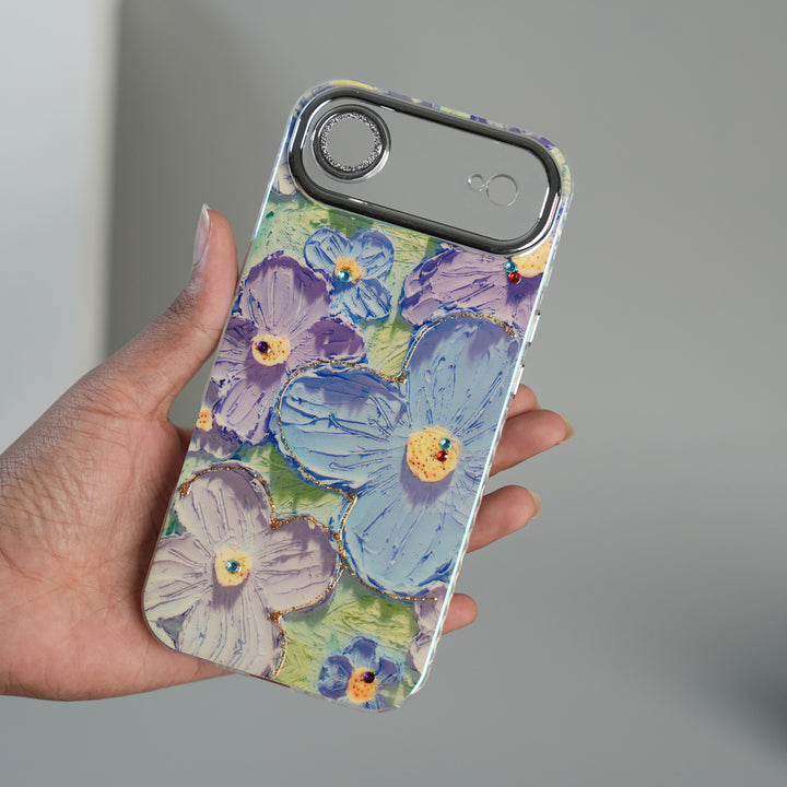 iPhone 17 Air Luxury 3D Oil Painting Floral Design Glitter Lens Protection Stand Cover