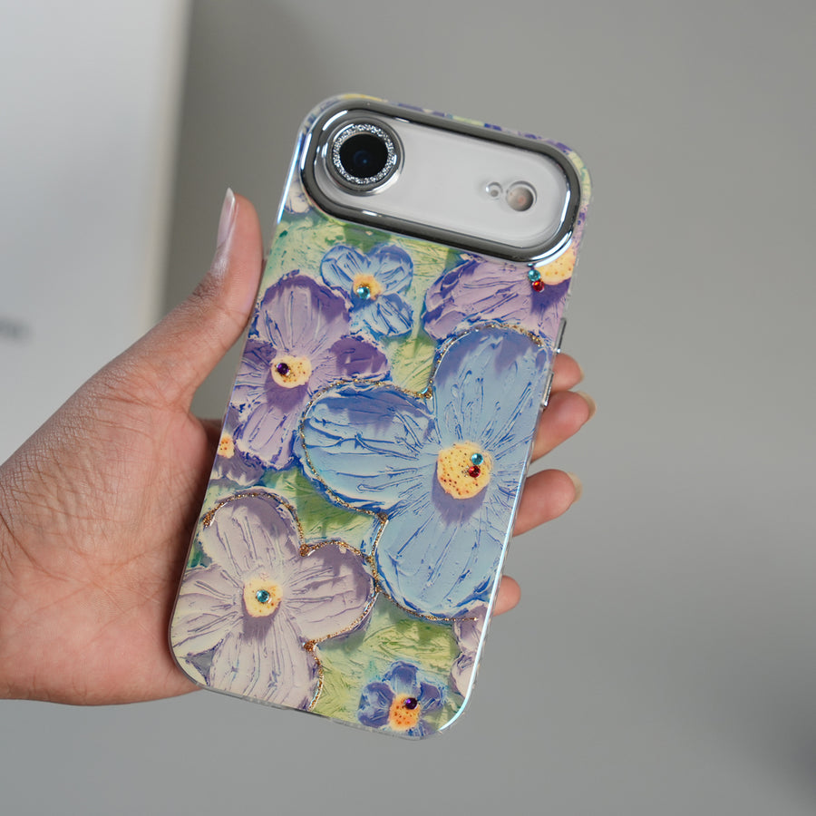 iPhone 17 Air Luxury 3D Oil Painting Floral Design Glitter Lens Protection Stand Cover