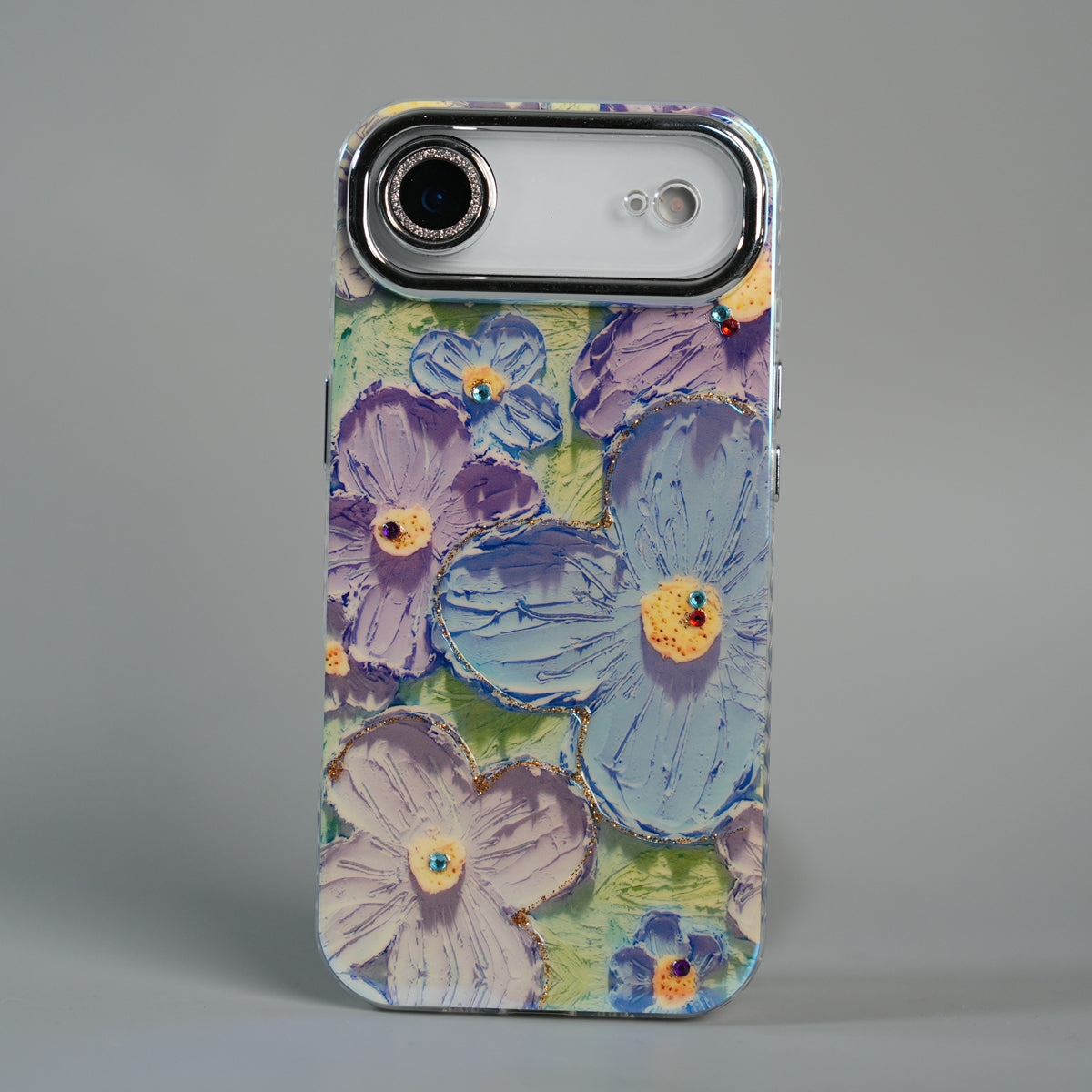 iPhone 17 Air Luxury 3D Oil Painting Floral Design Glitter Lens Protection Stand Cover