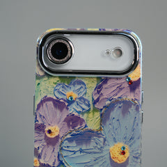 iPhone 17 Air Luxury 3D Oil Painting Floral Design Glitter Lens Protection Stand Cover