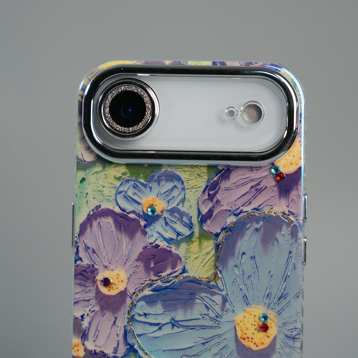 iPhone 17 Air Luxury 3D Oil Painting Floral Design Glitter Lens Protection Stand Cover