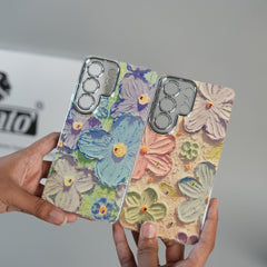 Galaxy Ultra Series Luxury 3D Oil Painting Floral Design Glitter Lens Protection Stand Cover