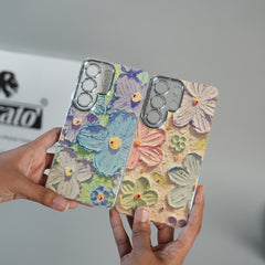 Galaxy Ultra Series Luxury 3D Oil Painting Floral Design Glitter Lens Protection Stand Cover