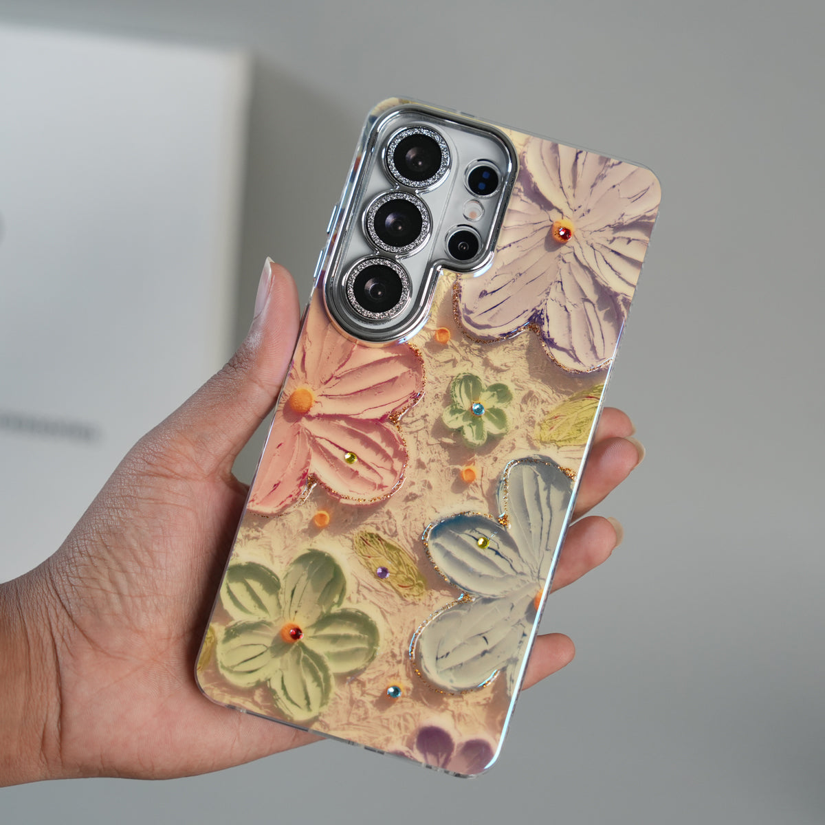 Galaxy Ultra Series Luxury 3D Oil Painting Floral Design Glitter Lens Protection Stand Cover