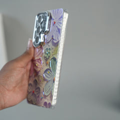 Galaxy Ultra Series Luxury 3D Oil Painting Floral Design Glitter Lens Protection Stand Cover