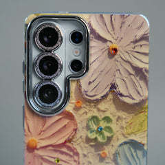 Galaxy Ultra Series Luxury 3D Oil Painting Floral Design Glitter Lens Protection Stand Cover