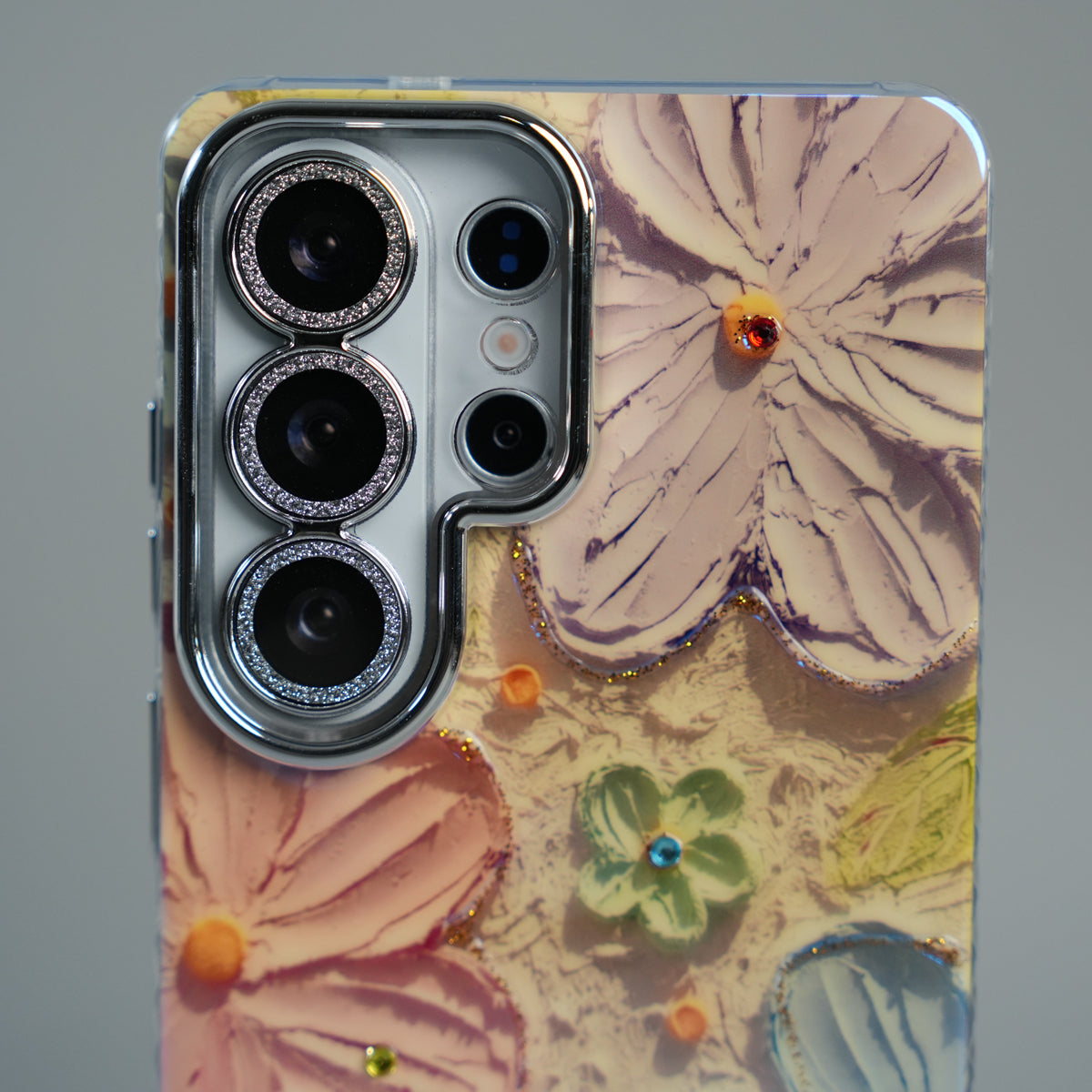 Galaxy Ultra Series Luxury 3D Oil Painting Floral Design Glitter Lens Protection Stand Cover