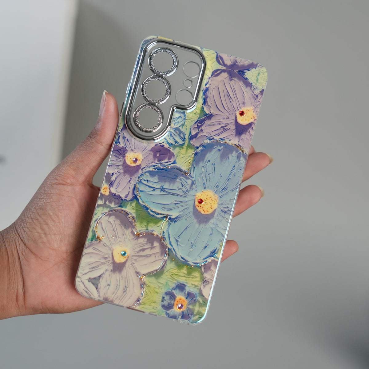 Galaxy Ultra Series Luxury 3D Oil Painting Floral Design Glitter Lens Protection Stand Cover