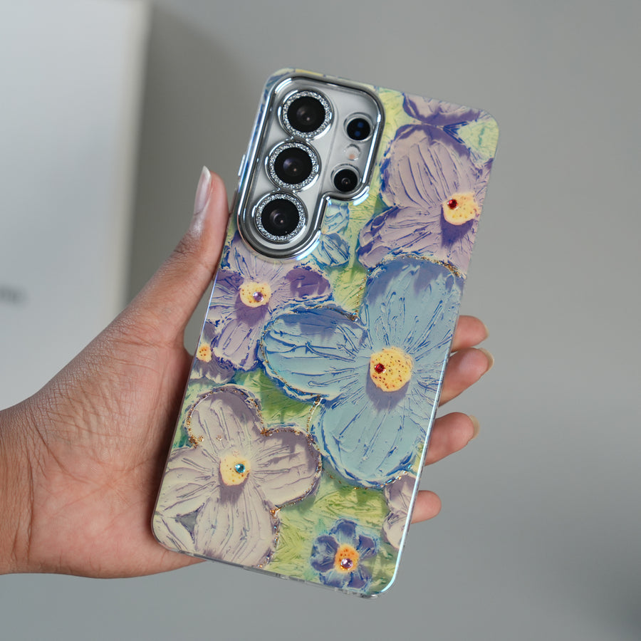 Galaxy Ultra Series Luxury 3D Oil Painting Floral Design Glitter Lens Protection Stand Cover