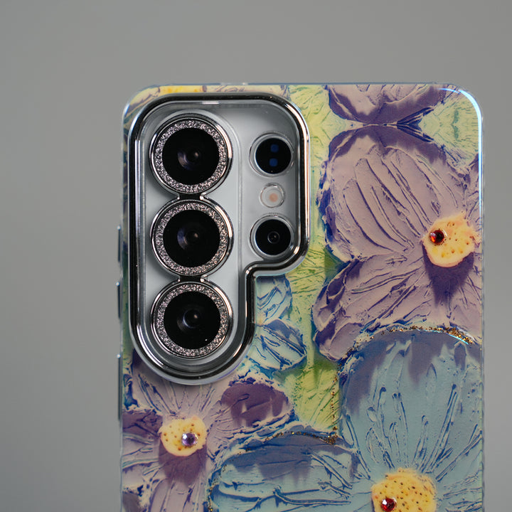 Galaxy Ultra Series Luxury 3D Oil Painting Floral Design Glitter Lens Protection Stand Cover