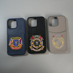iPhone 15 Series Premium Leather Card Holder Case with Stitched Crest Design