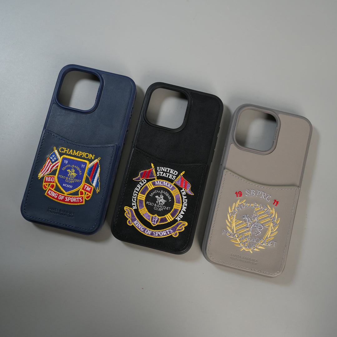 iPhone 15 Series Premium Leather Card Holder Case with Stitched Crest Design