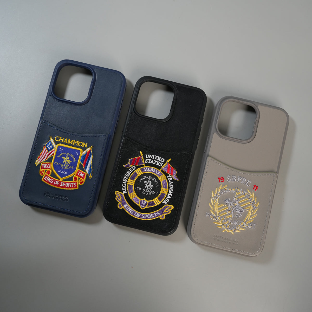 iPhone 15 Series Premium Leather Card Holder Case with Stitched Crest Design