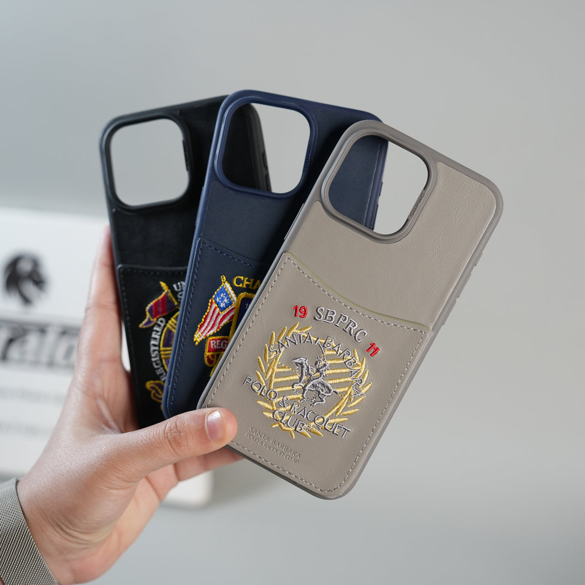 iPhone 15 Series Premium Leather Card Holder Case with Stitched Crest Design