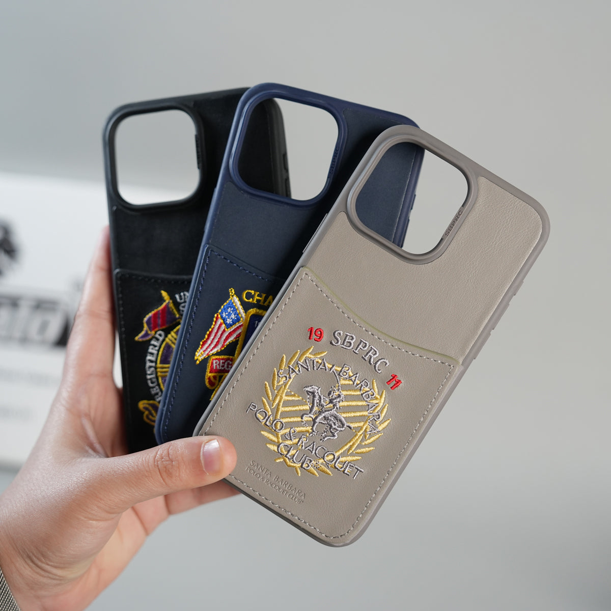iPhone 15 Series Premium Leather Card Holder Case with Stitched Crest Design