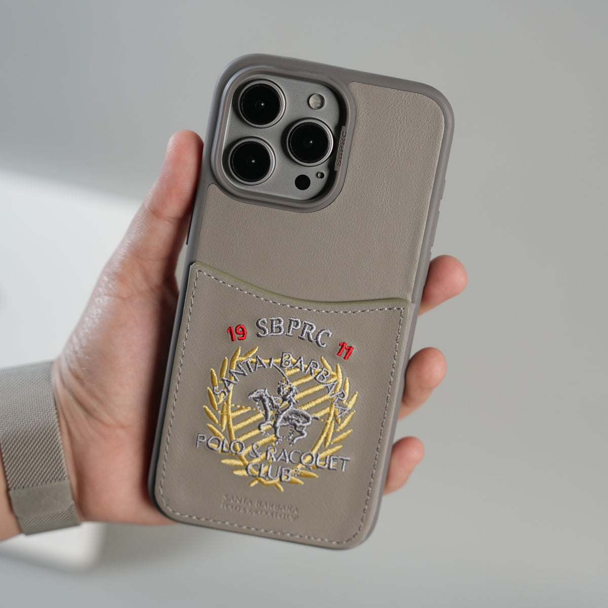 iPhone 15 Series Premium Leather Card Holder Case with Stitched Crest Design