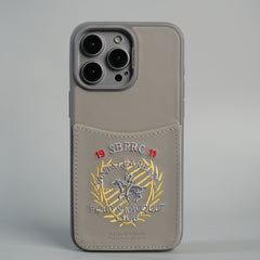 iPhone 15 Series Premium Leather Card Holder Case with Stitched Crest Design