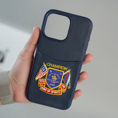 iPhone 15 Series Premium Leather Card Holder Case with Stitched Crest Design