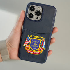 iPhone 15 Series Premium Leather Card Holder Case with Stitched Crest Design